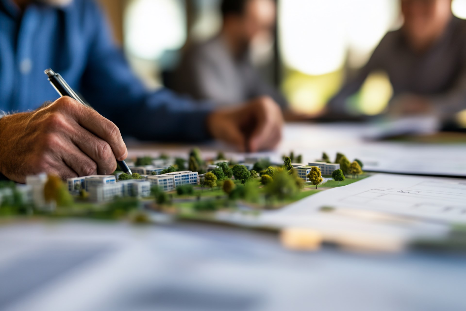 A person sketches on a model of a planned urban development.